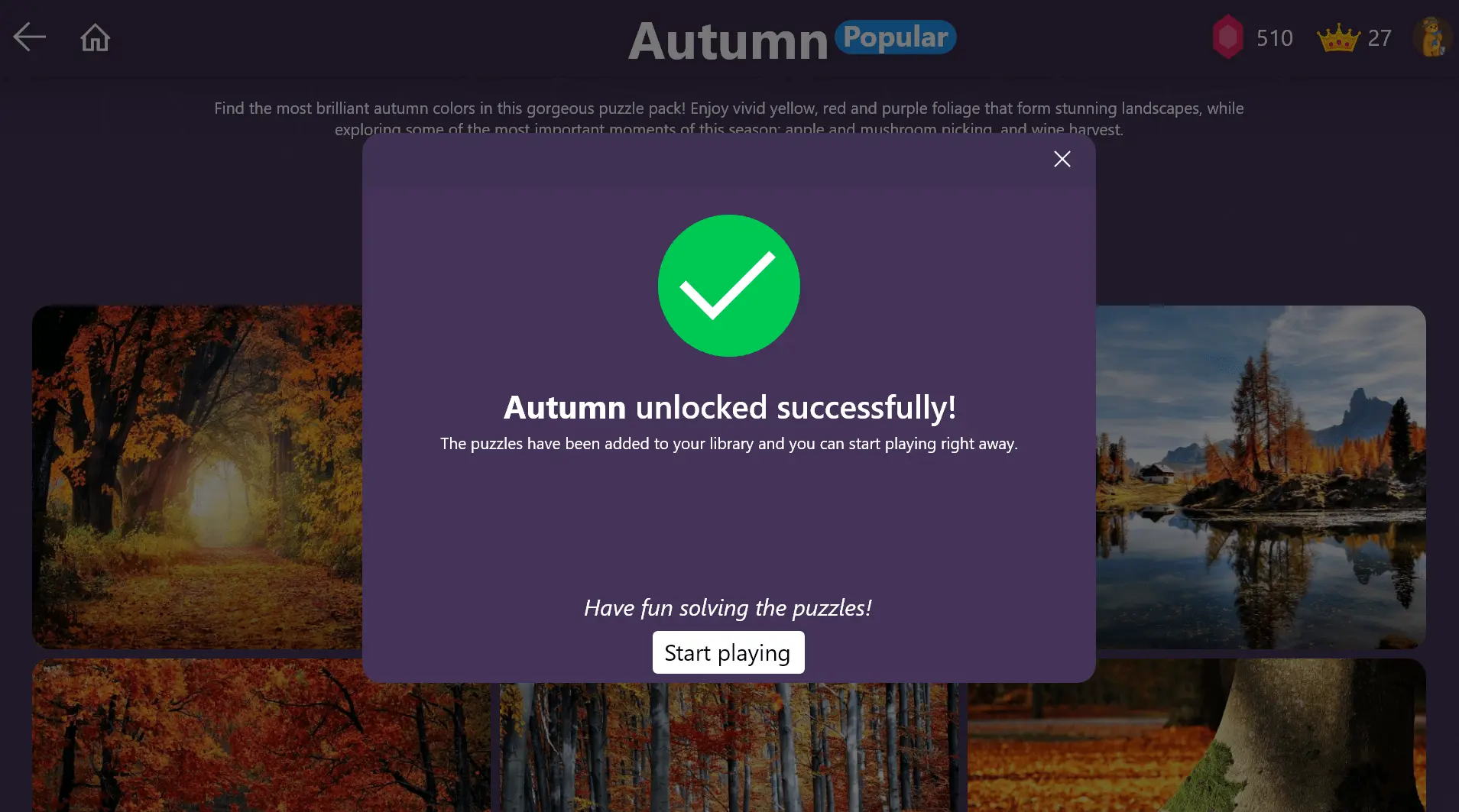 Autumn Puzzles Unlocked Congratulations Dialog